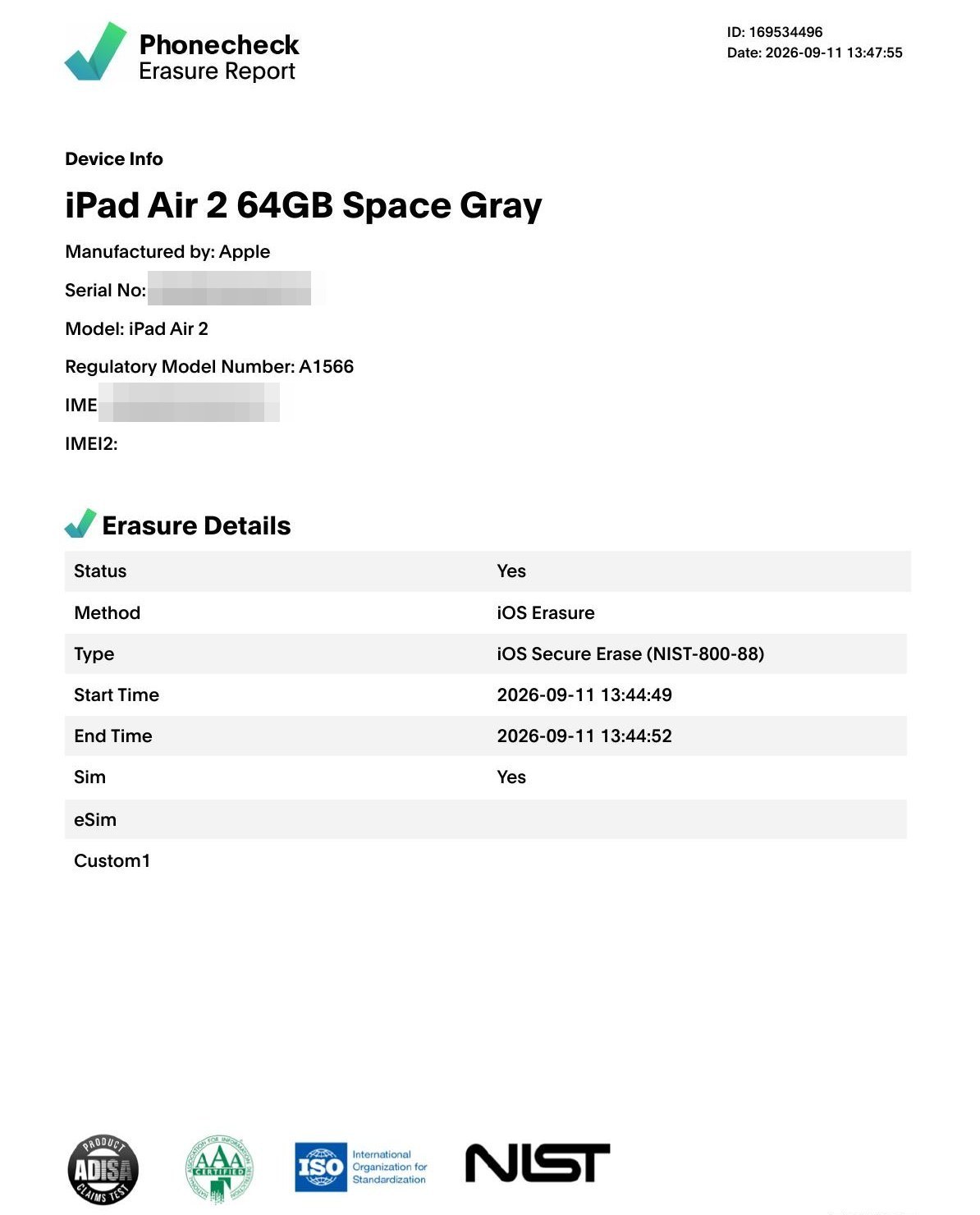 Phonecheck Erasure Report example