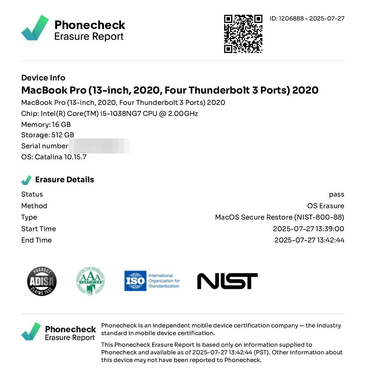 MacCheck Erasure Report example