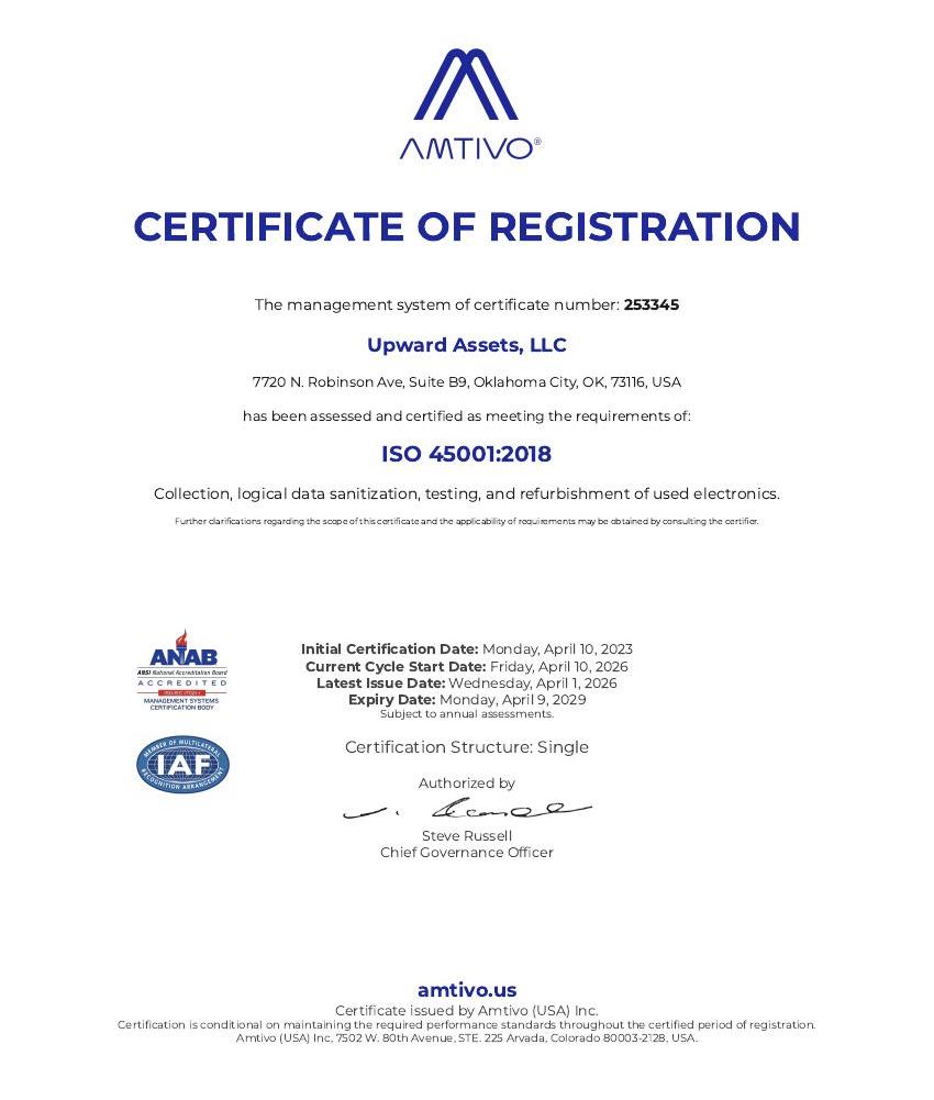 Upward Assets ISO 45001:2018 certificate