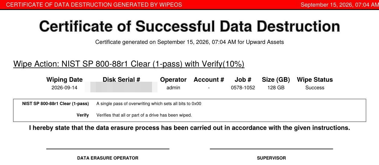 WipeOS Certificate of Successful Data Destruction example